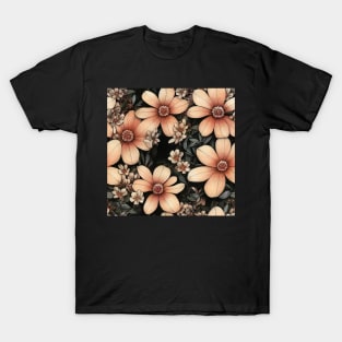 Vintage Peach Floral Design on Dark Grey Background T-Shirt